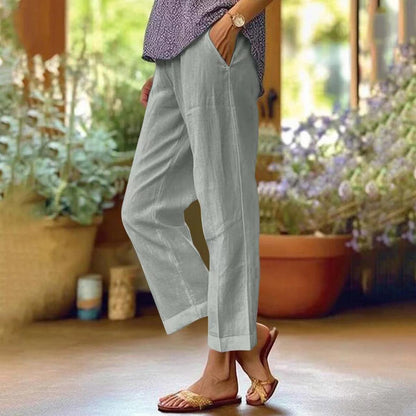 Pantalones casuales de lino y algodón de color liso a la moda para mujer
