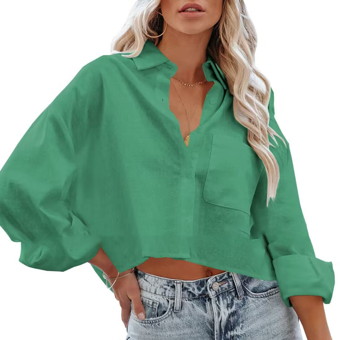 Blusa corta informal de algodón de manga larga de color liso para mujer