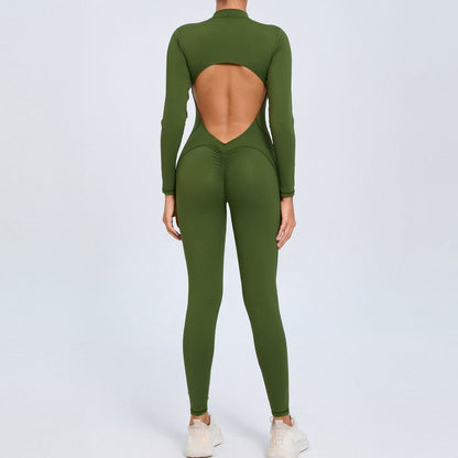 Women Fashion Solid Color Zipper Long-Sleeve Yoga Jumpsuit