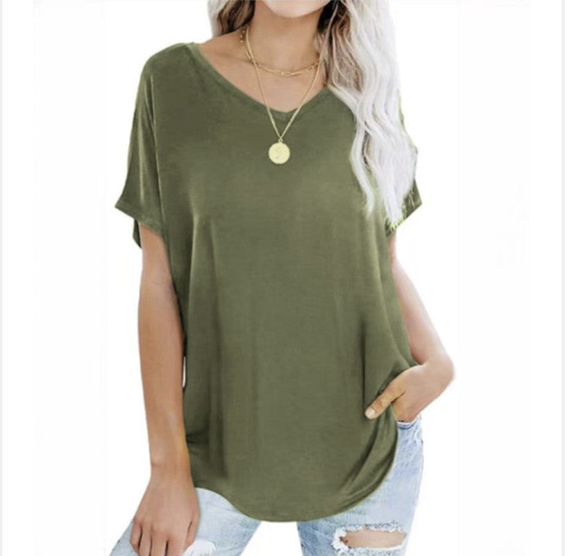 Camiseta informal holgada de verano para mujer, con cuello en V y manga corta