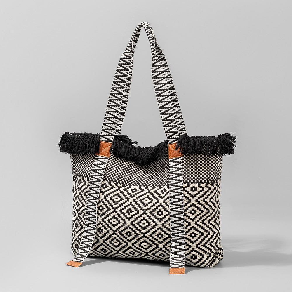 Bolso tote de lona con borlas de gran capacidad estilo bohemio