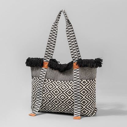Bolso tote de lona con borlas de gran capacidad estilo bohemio