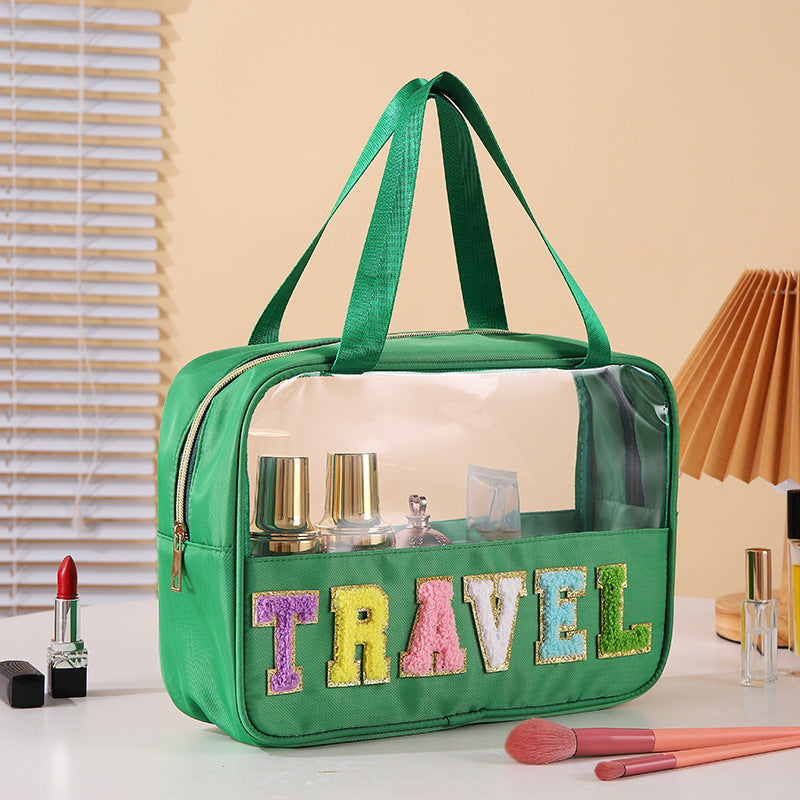 Bolsa de cosméticos transparente de PVC con letras bordadas