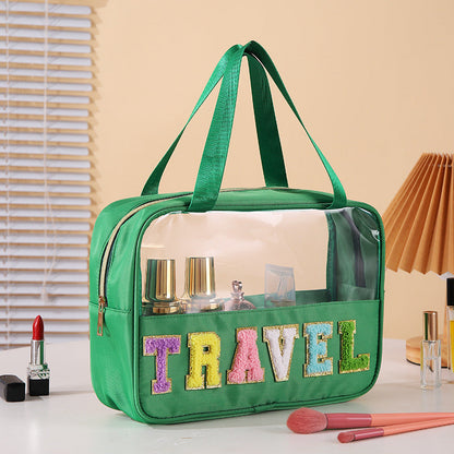 Bolsa de cosméticos transparente de PVC con letras bordadas