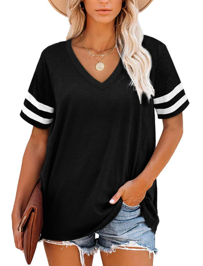 Camiseta de verano para mujer, sencilla, de rayas, con cuello en V y manga corta en blanco