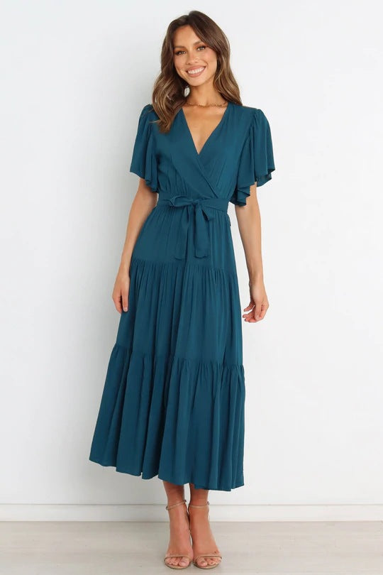 Summer Women Fashion Bohemian Style V-Neck Short Sleeve Maxi Dress