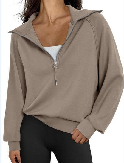 Women Half Zipper Fleece-Lined Solid Color Sweatshirt