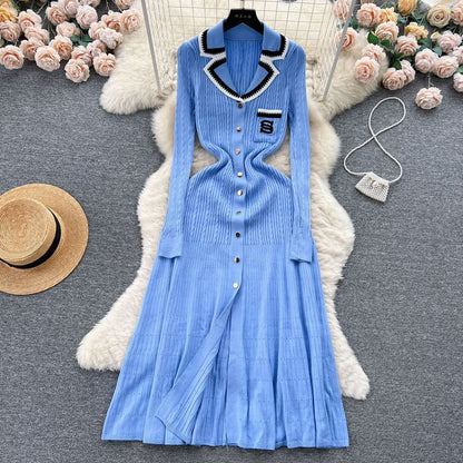 Women Fashion Elegant Contrast Color Knitted Dress