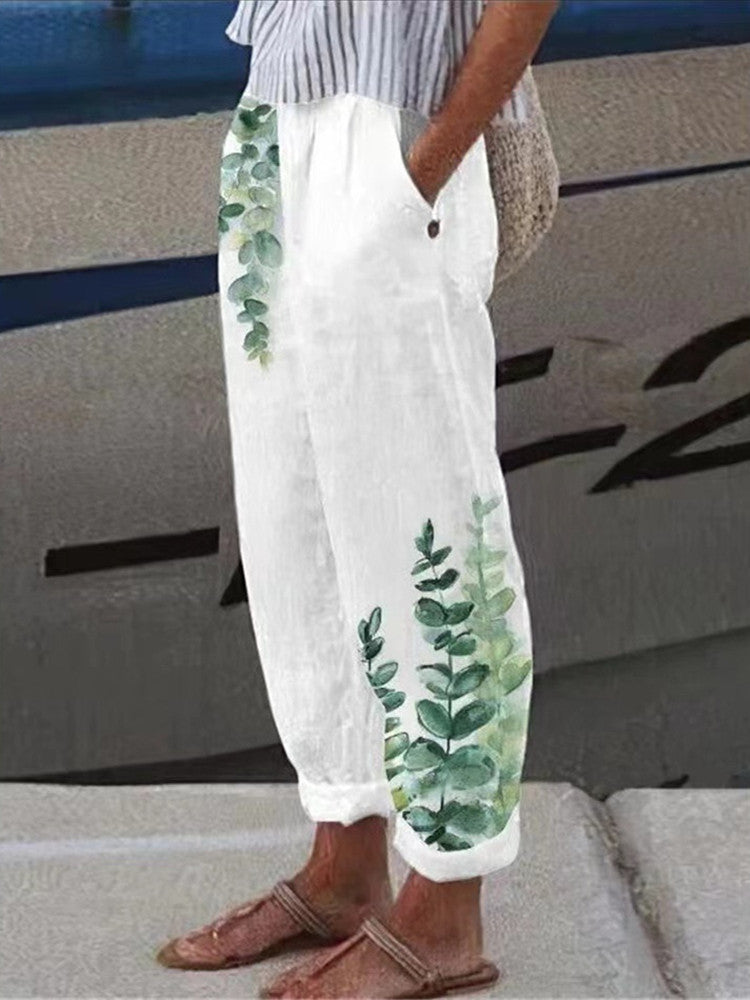Pantalones florales vintage elegantes de algodón y lino para mujer