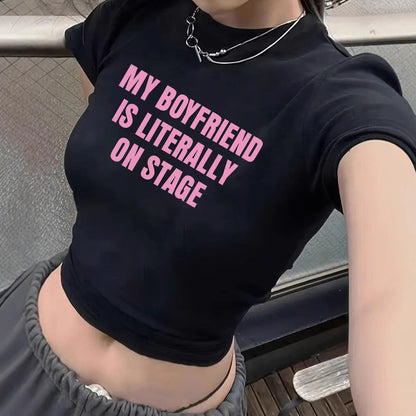 Women Fashion Casual Printed Short-Sleeve Slim-Fit Crop Top