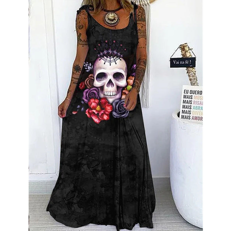 Vestido largo holgado con estampado de calavera de Halloween para mujer, estilo bohemio informal