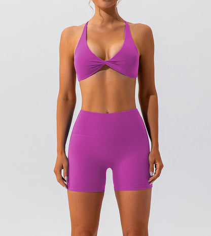 Women Fashion Solid Color Halter-Neck Crop Top Set