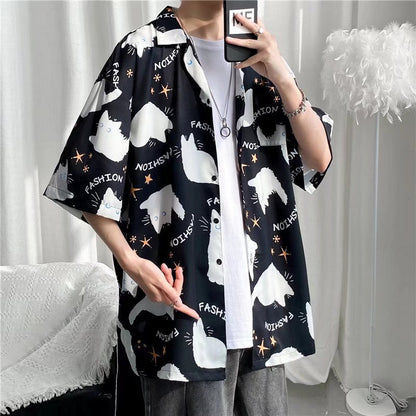 Camisa informal vintage con estampado de flores diminutas para hombre