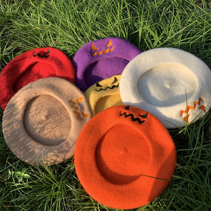 Béret brodé citrouille en laine pour femme, idéal pour Halloween