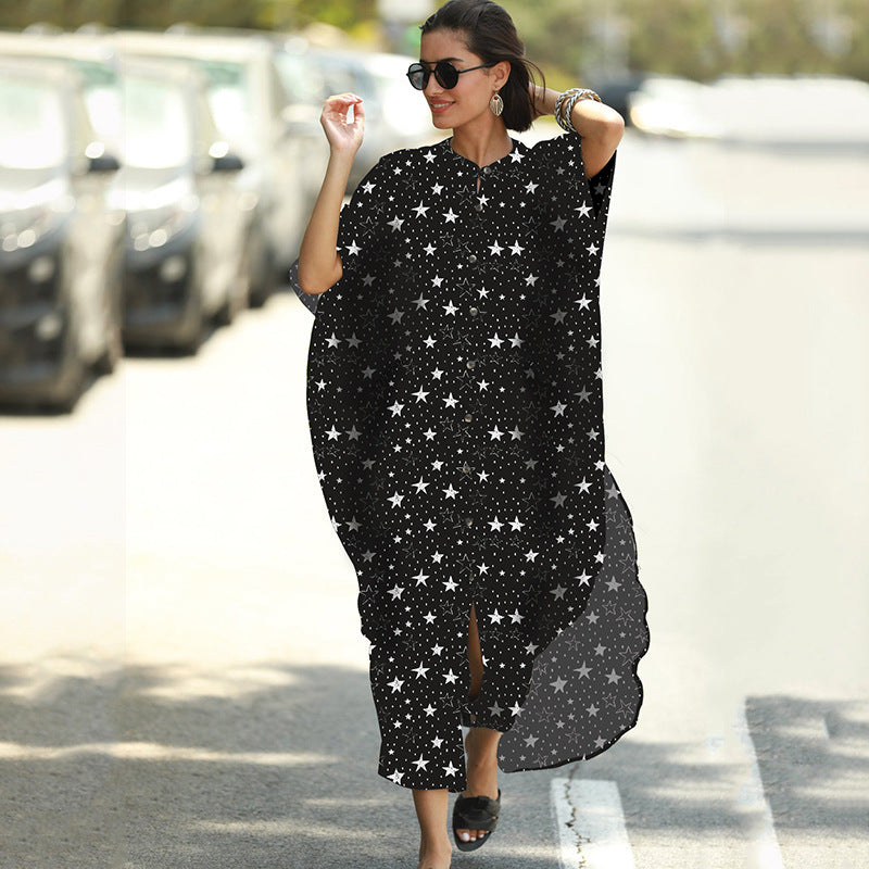 Women Fashion Summer Vacation Boho Style Leopard V Neck Loose Maxi Dress