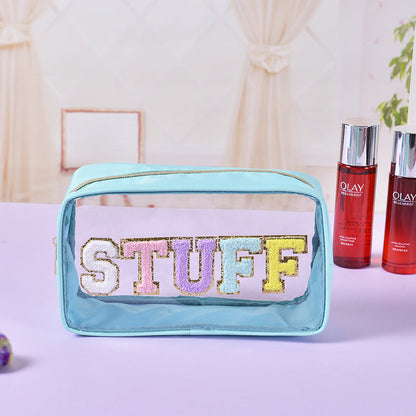 Bolsa de cosméticos impermeable de PVC transparente con letras bordadas