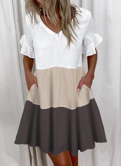 Vestido casual con cuello en V y estampado de bloques de color para mujer