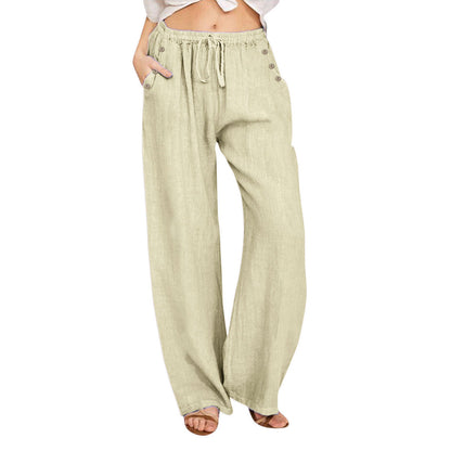Pantalon décontracté en coton et lin de couleur unie pour femme