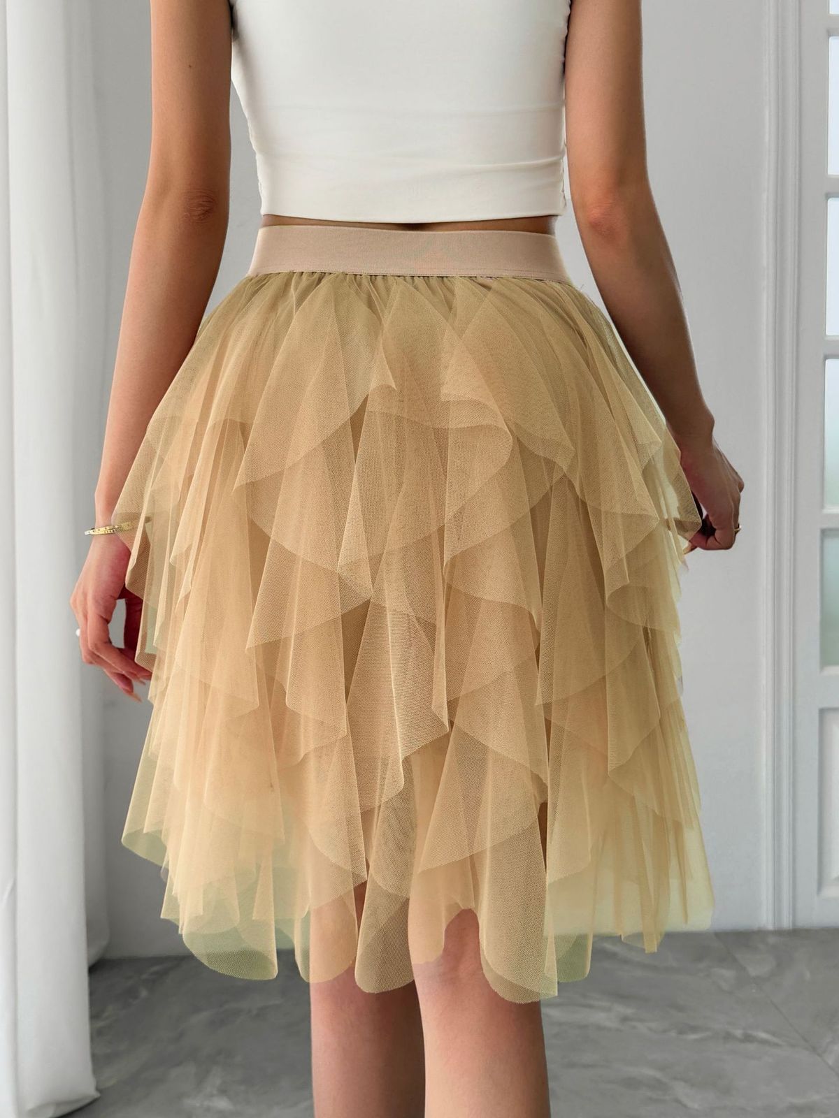 Women Fashion Solid Color Mesh Irregular Hem Skirt