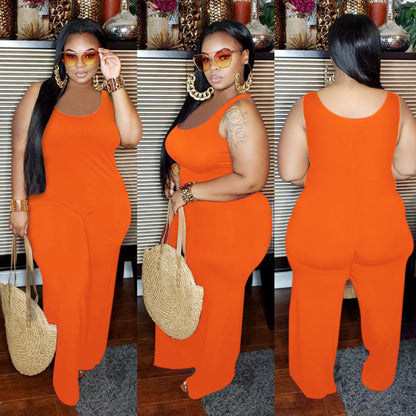 Women Plus Size Solid Color Sleeveless Jumpsuit