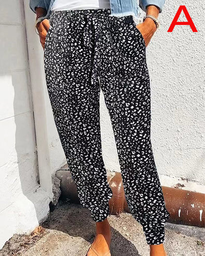 Women Fashion Casual Leopard Loose Lace-Up Pants