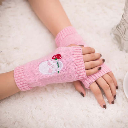 Halloween Autumn Winter Wool Embroidered Skull Gloves