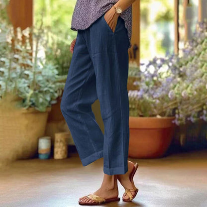 Pantalones casuales de lino y algodón de color liso a la moda para mujer