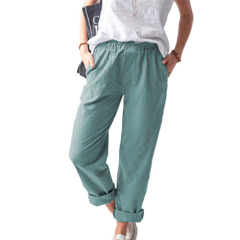 Women Casual Solid Color Cotton And Linen Pants