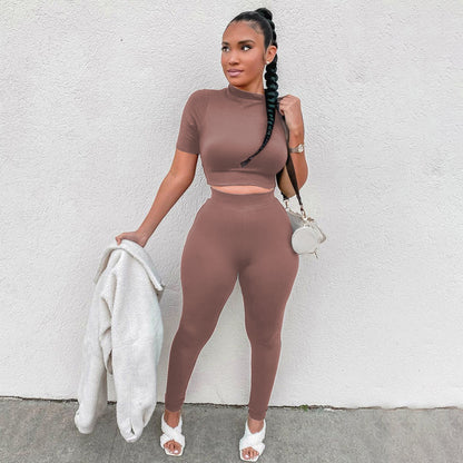 Ensemble deux pièces décontracté pour femme, haut court et pantalon en élasthanne, couleur unie