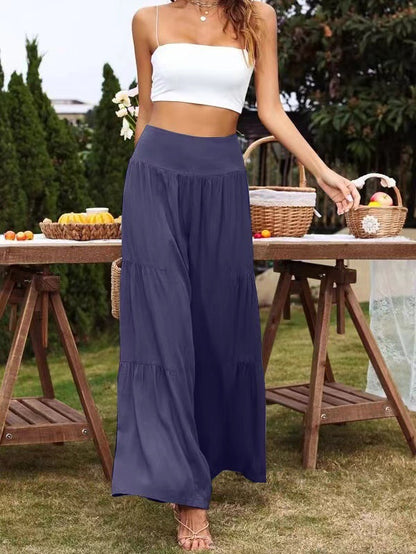 Summer Women Casual High Waist Cotton Linen Wide Leg Pants
