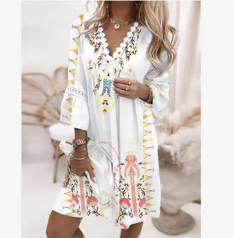 Vestido elegante de primavera bohemio para mujer, de manga larga, cuello en V y encaje con volantes