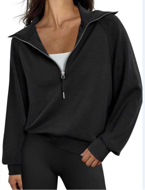 Women Half Zipper Fleece-Lined Solid Color Sweatshirt