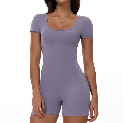 Women Solid Color Short-Sleeve Backless Yoga Rompers - Stylish and Comfortable Activewear