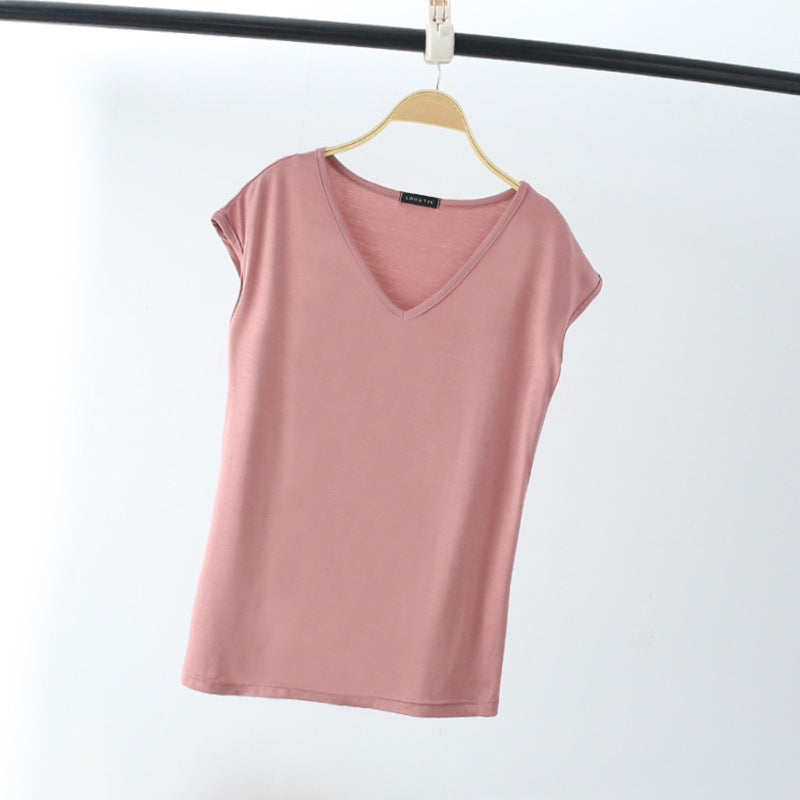 Camiseta informal de manga corta con cuello en V y color liso para mujer
