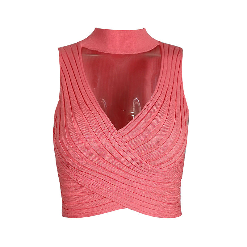 Top corto sexy de color sólido con cuello para mujer