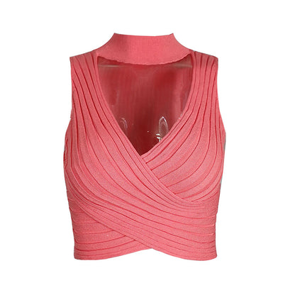 Top corto sexy de color sólido con cuello para mujer