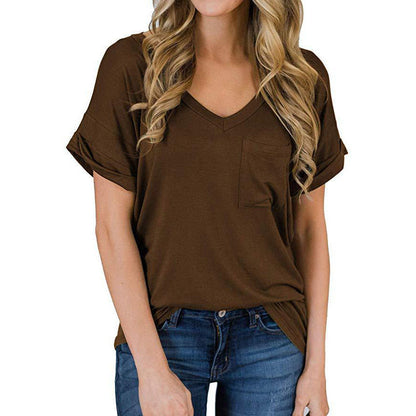 Camiseta lisa de manga corta con cuello en V para mujer