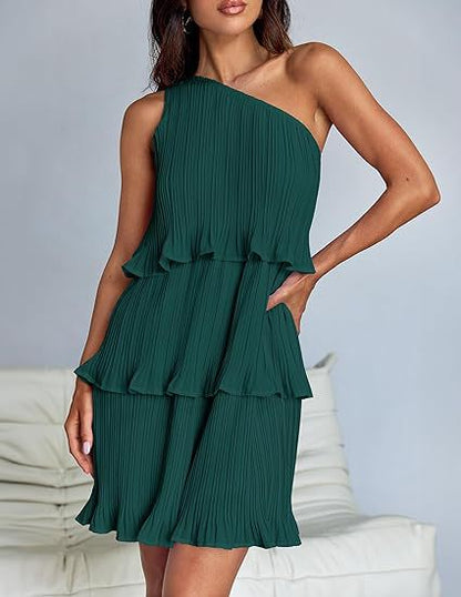 Women Fashion Sexy Solid Color Spliced Ruffled Dress