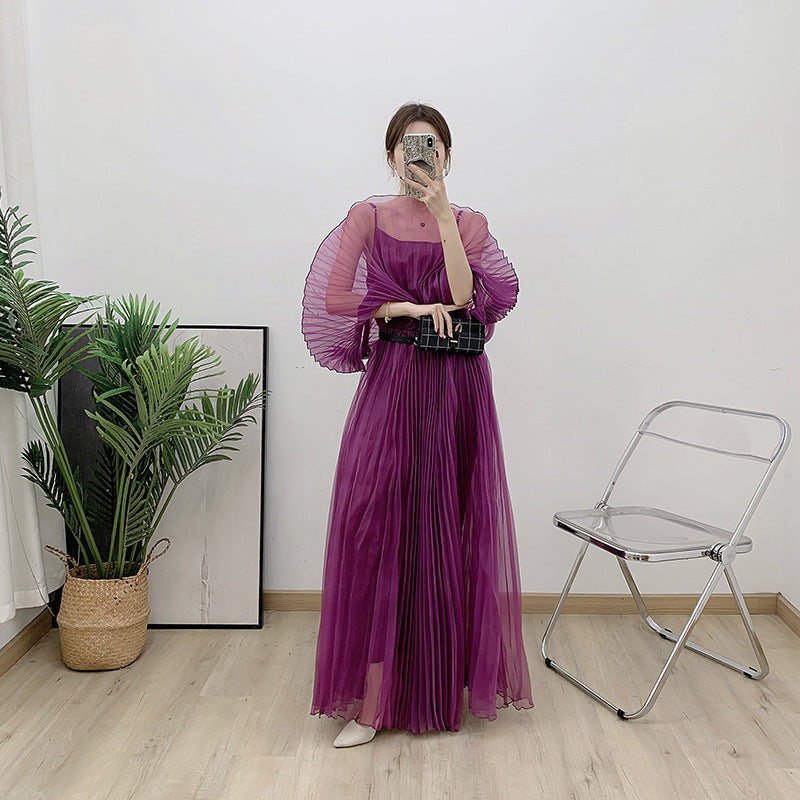 African Women Fashion Elegant Solid Color Pleated Dress