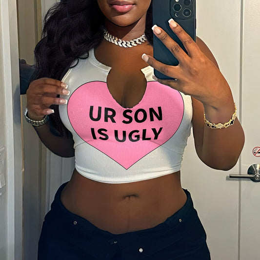 Women Fashion Sexy Letter Print U-Neck Sleeveless Crop Top
