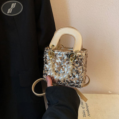 Mini bolso bandolera de verano con lentejuelas brillantes y correa de perlas