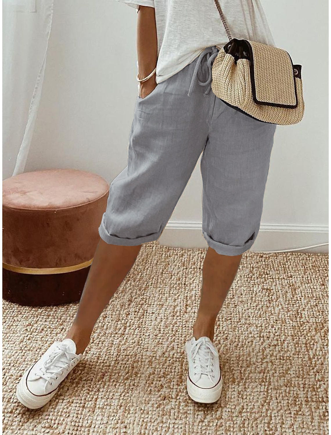 Pantalones casuales de lino y algodón de color liso a la moda para mujer