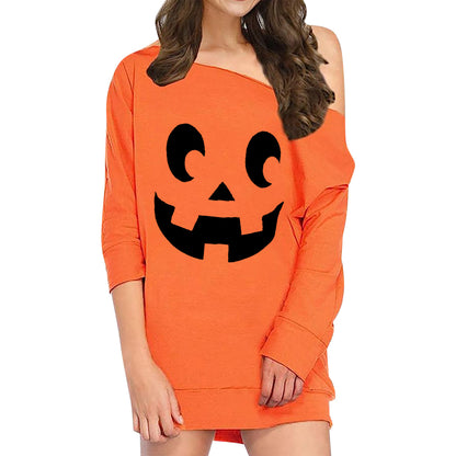 Vestido holgado de manga larga con estampado de calabaza y sonrisa de Halloween para mujer