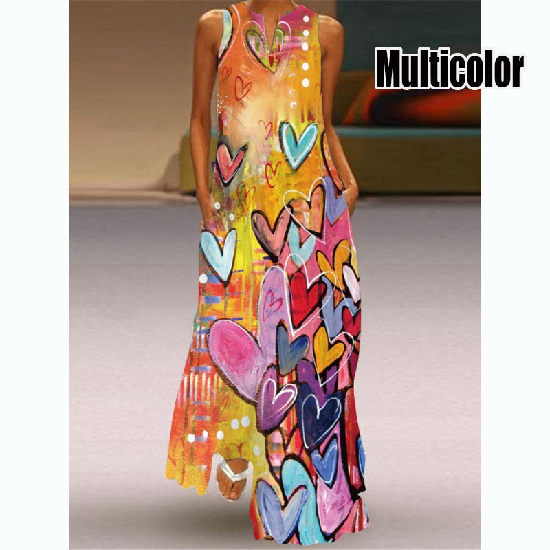 Women Plus Size Casual Fashion Boho Style Floral Heart Print Maxi Dress