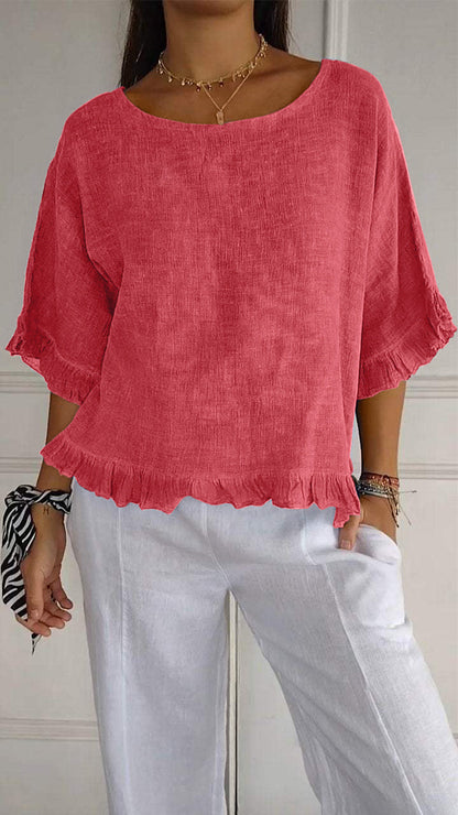 Camisa informal de lino y algodón de color liso para mujer