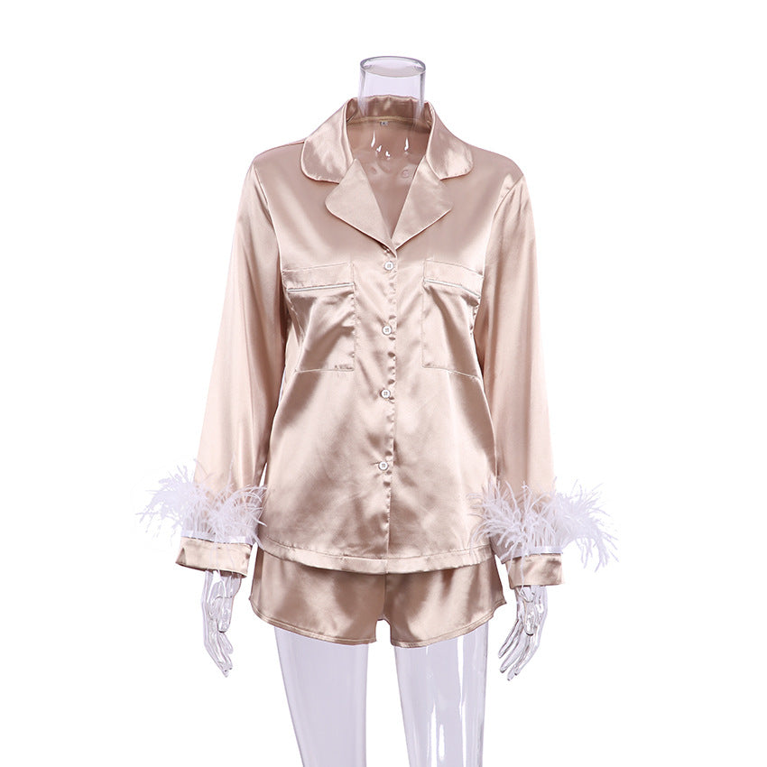 Women Fashion Loose Satin Ice Silk Long Sleeve Pajamas Set