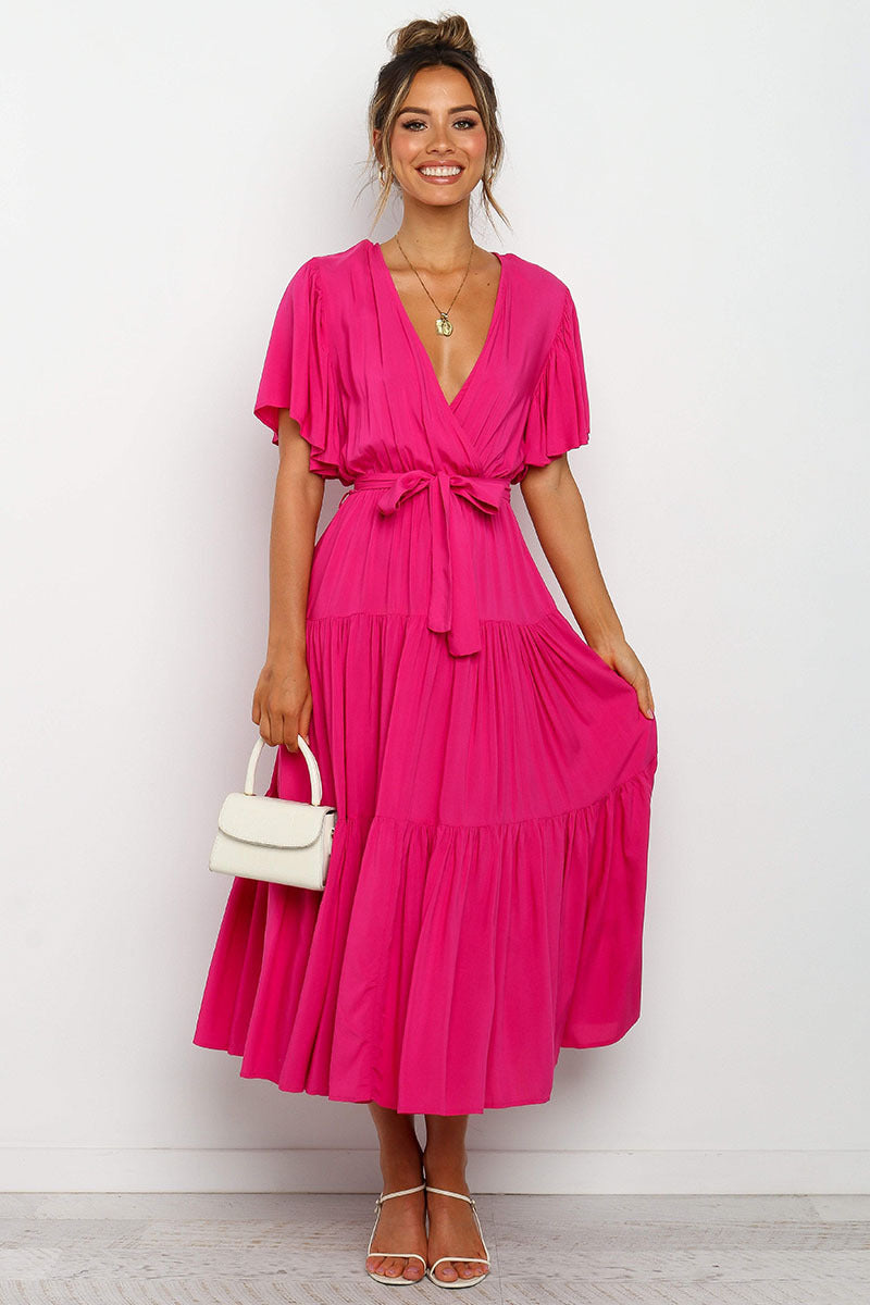 Summer Women Fashion Bohemian Style V-Neck Short Sleeve Maxi Dress