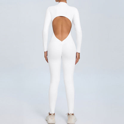 Women Fashion Solid Color Zipper Long-Sleeve Yoga Jumpsuit