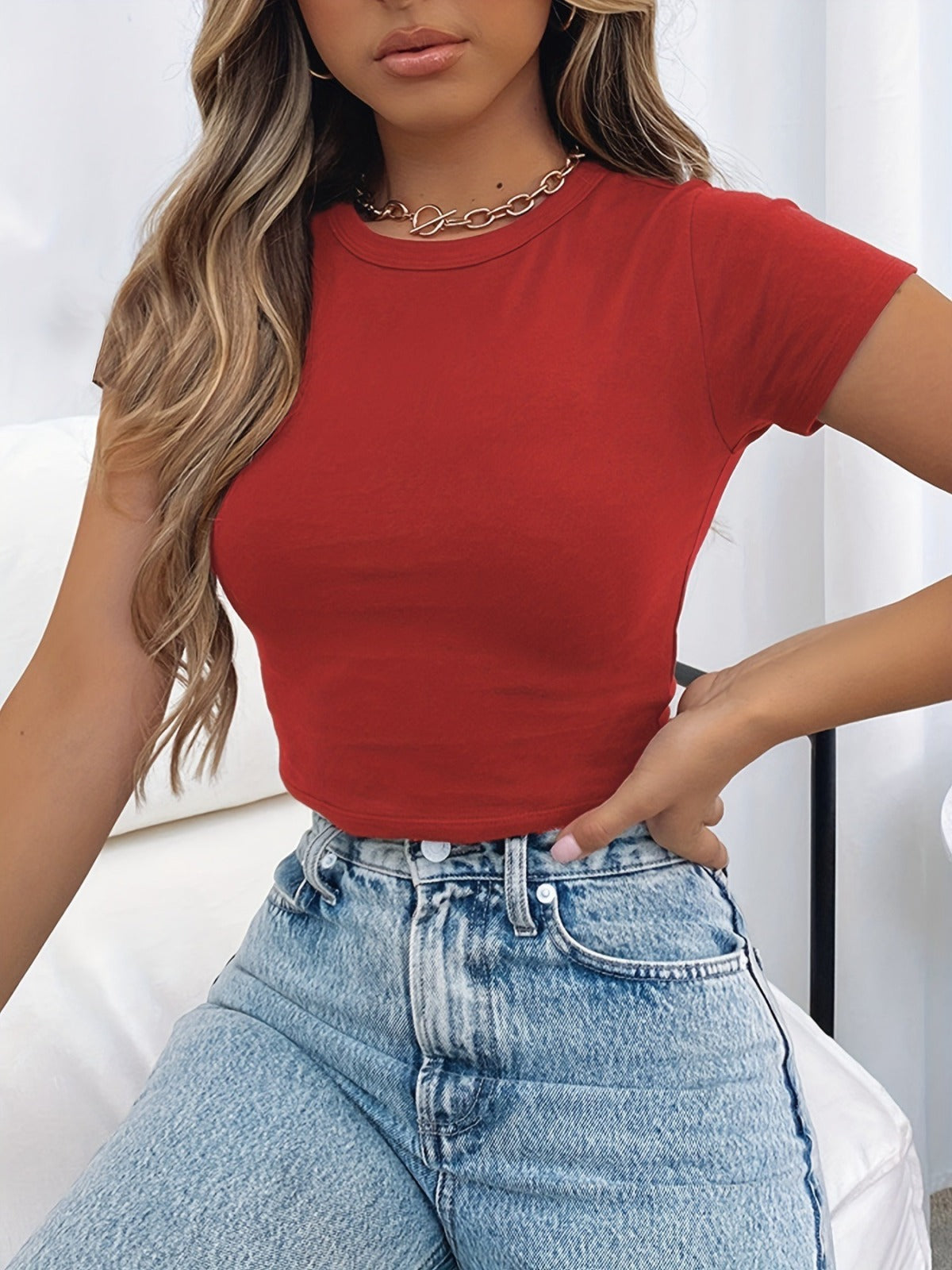T-shirt d'été à manches courtes et col rond pour femme, couleur unie, à la mode