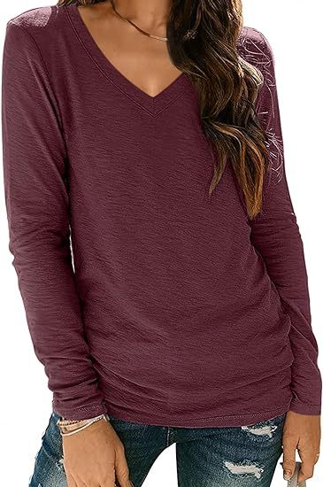 Women Fashion Casual Solid Color V-Neck Long Sleeve Blank T-Shirt